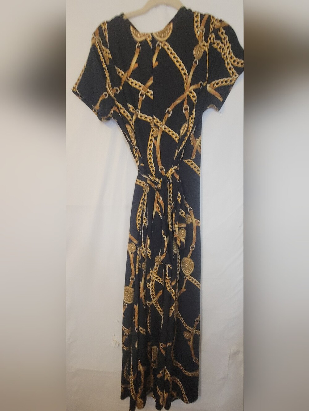 Black & Gold Chain-Print Wrap Maxi Dress with V-Neck - Picture 2 of 4